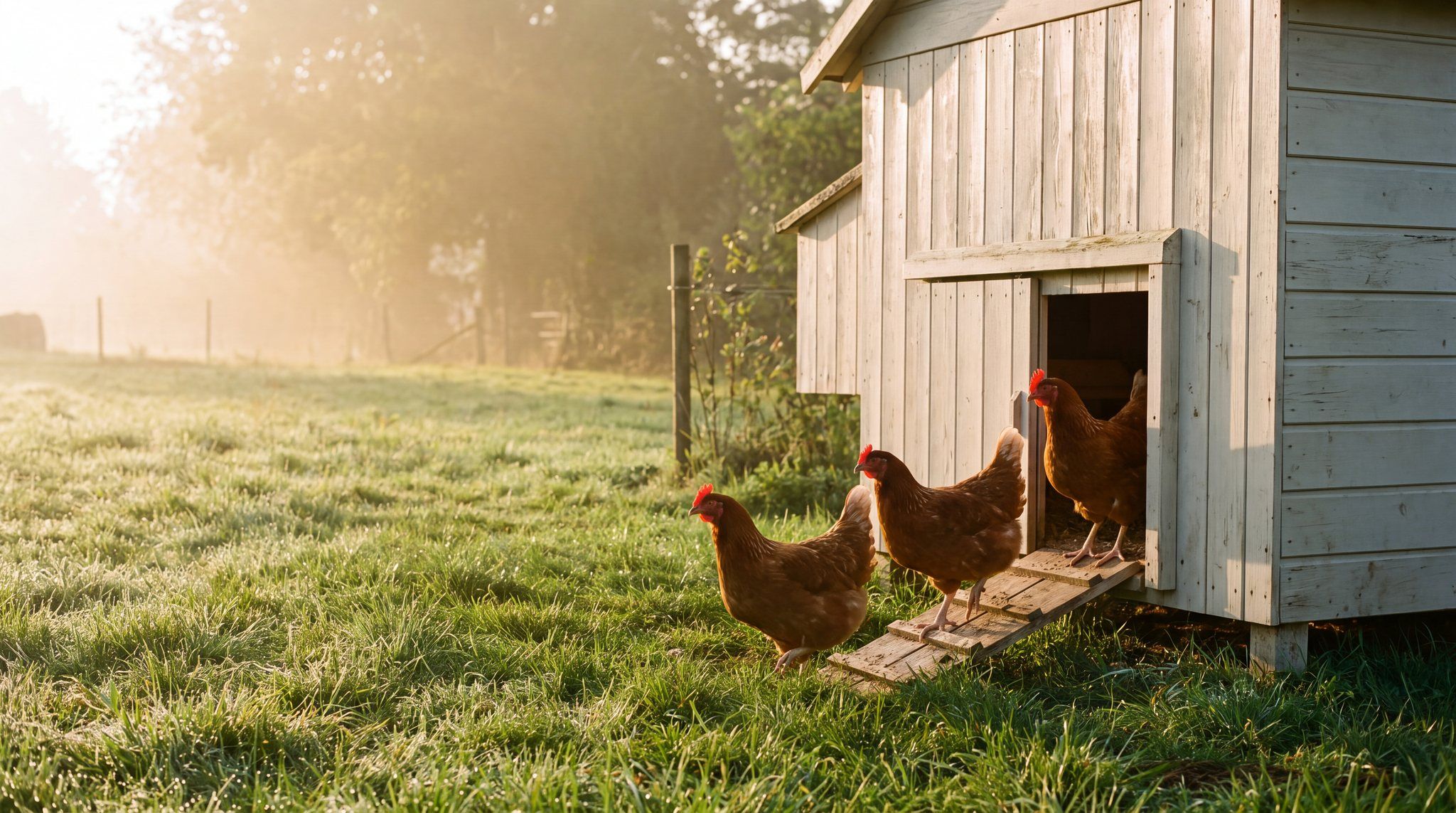Trois poules rousses sortent au petit matin d'un poulailler en bois clair par une rampe, sur une herbe couverte de rosée